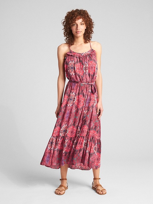 View large product image 1 of 1. Tiered Ruffle Print Cami Maxi Dress