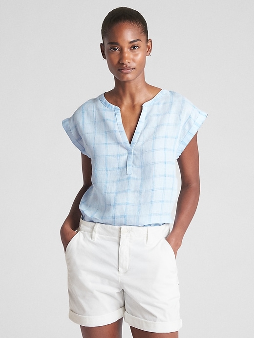 Image number 1 showing, Short Sleeve Plaid Popover Shirt in Linen