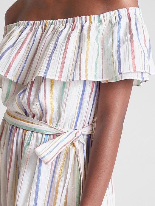 Image number 5 showing, Off-Shoulder Ruffle Metallic Stripe Midi Dress