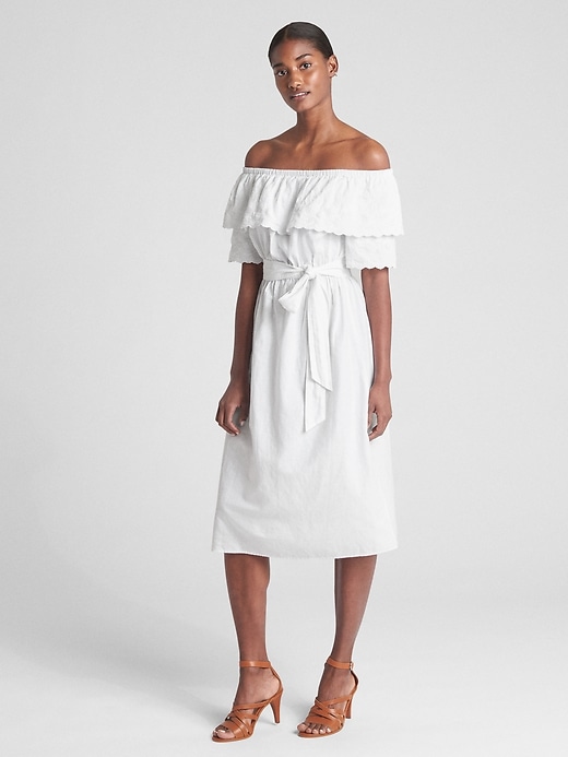 Image number 1 showing, Off-Shoulder Ruffle Eyelet Midi Dress in Linen-Cotton