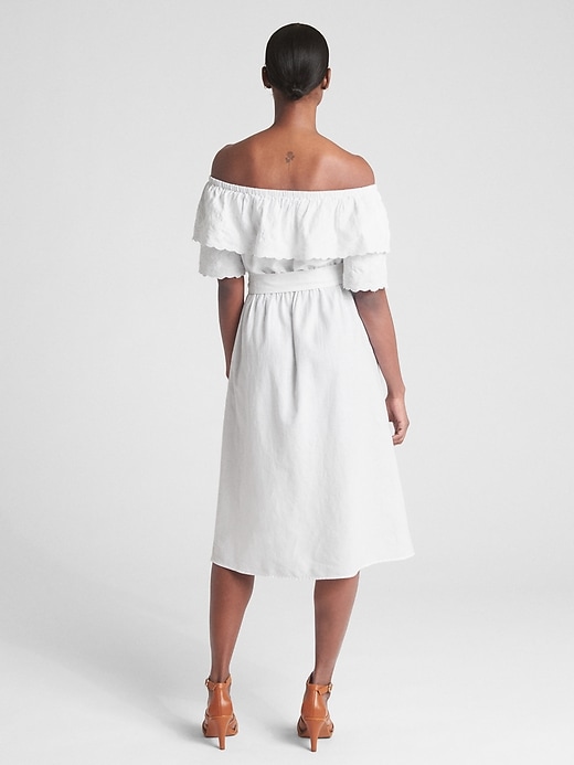 2 of 8 showing, with the color white of product Off-Shoulder Ruffle Eyelet Midi Dress in Linen-Cotton