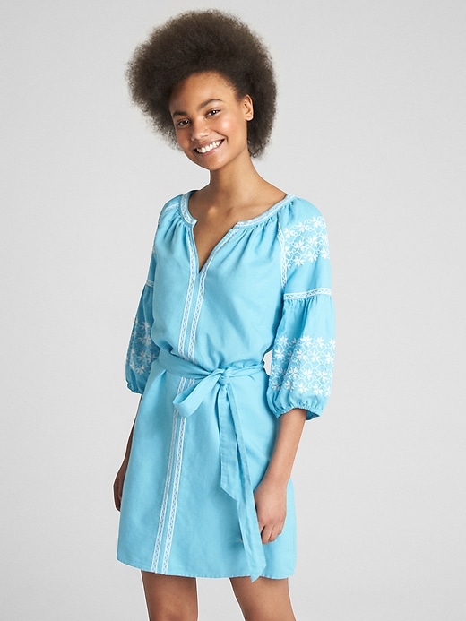 View large product image 1 of 1. Embroidered Balloon Sleeve Tie-Belt Dress in Linen-Cotton