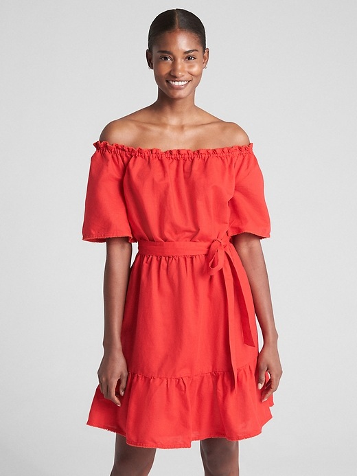 Image number 7 showing, Off-Shoulder Tiered Ruffle Dress in Linen-Cotton