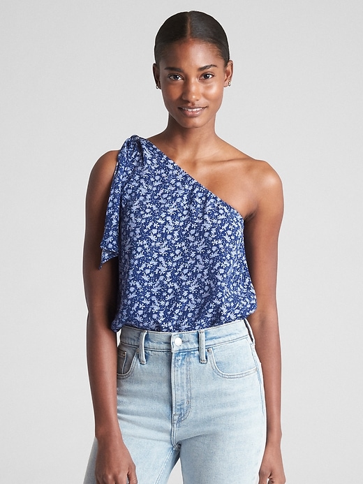 View large product image 1 of 1. Print One-Shoulder Tie Top