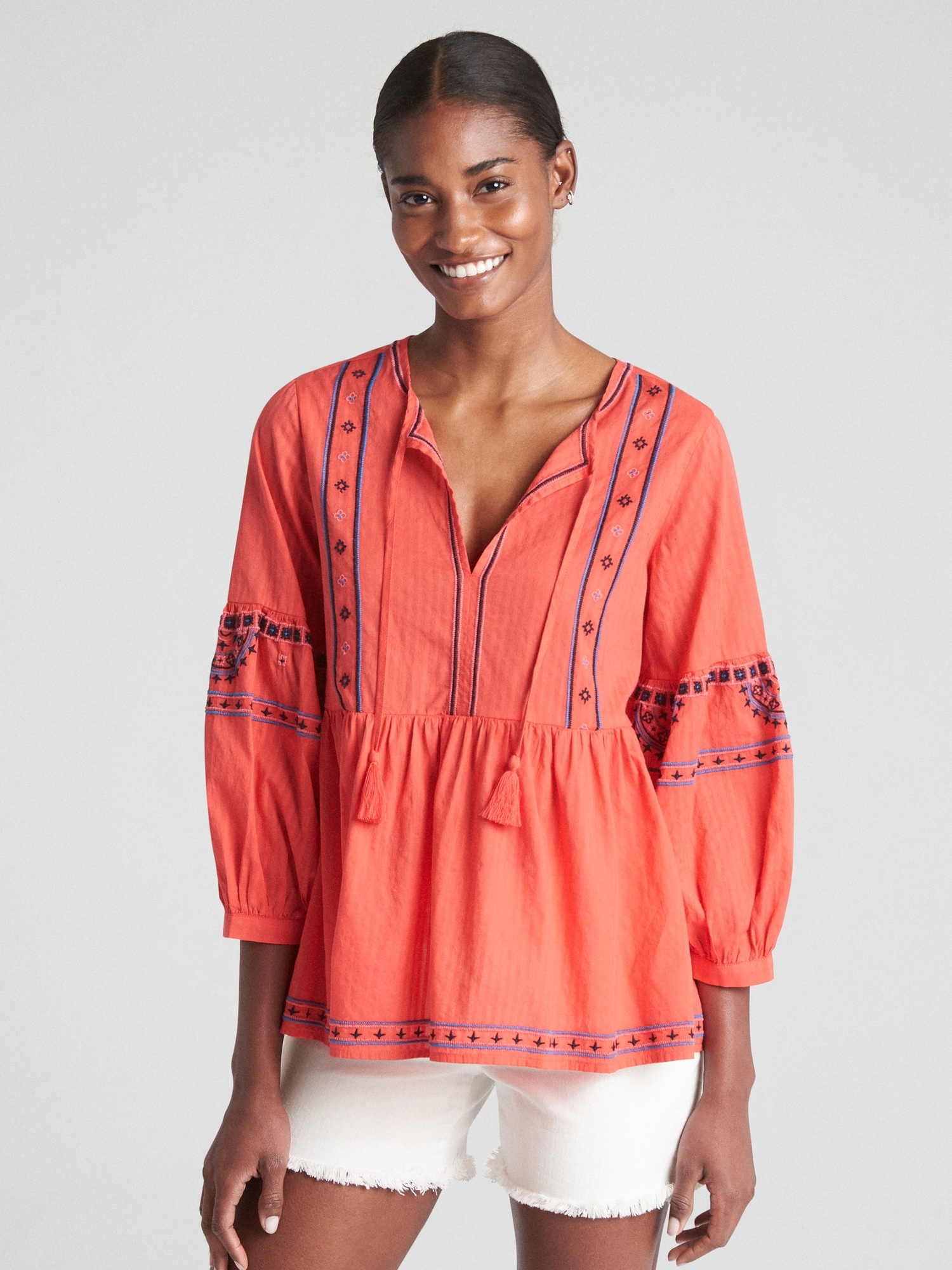 Floerns Womens Sleeveless Ruffle Striped Embroidered Pom Pom Tie Neck Blouse