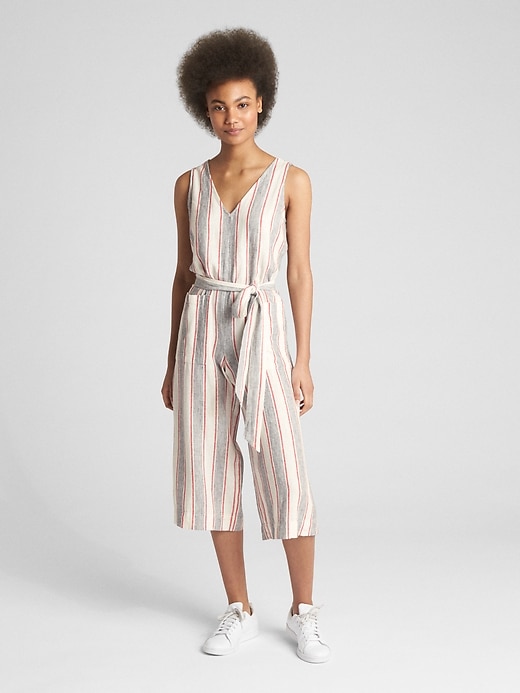 Image number 1 showing, Sleeveless Tie-Belt Stripe Jumpsuit in Linen