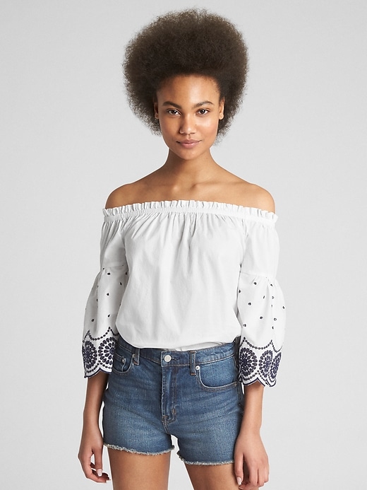 Off-Shoulder Eyelet Bell-Sleeve Top