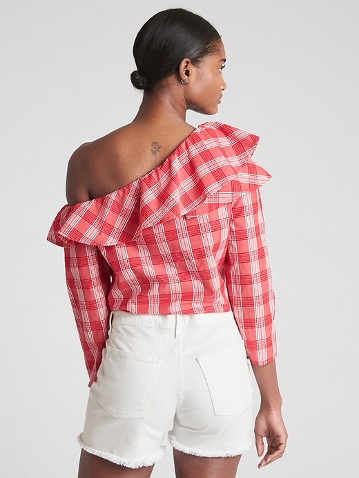 Image number 2 showing, Ruffle One-Shoulder Plaid Blouse in Poplin