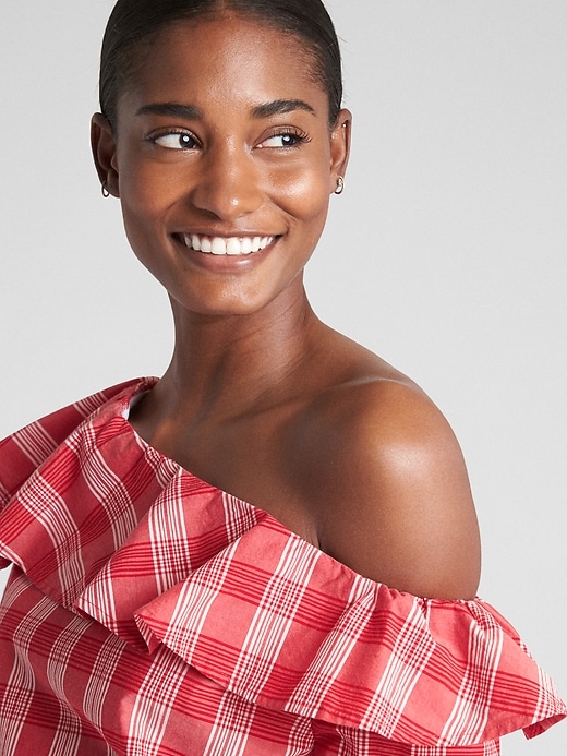 Image number 5 showing, Ruffle One-Shoulder Plaid Blouse in Poplin