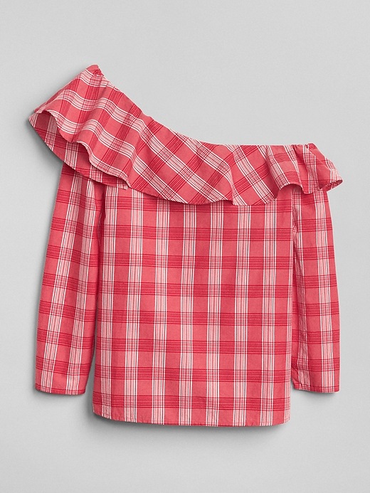 Image number 6 showing, Ruffle One-Shoulder Plaid Blouse in Poplin