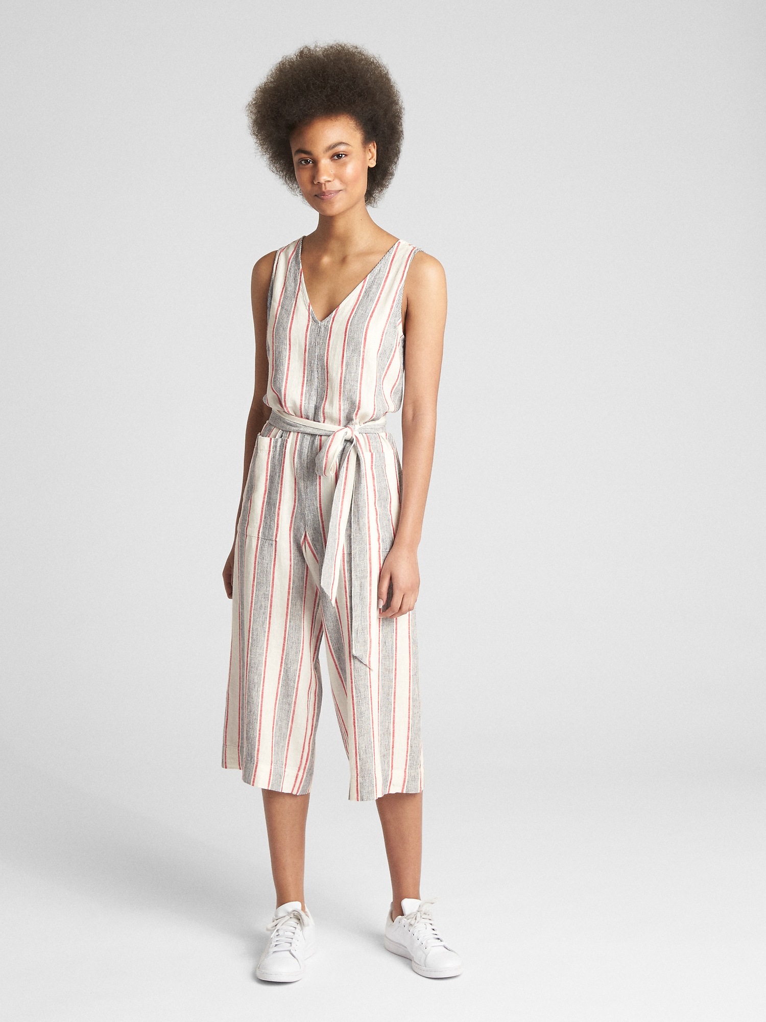 Женские комбинезоны Gap Sleeveless Tie-Belt Stripe Jumpsuit in Linen — фото 3