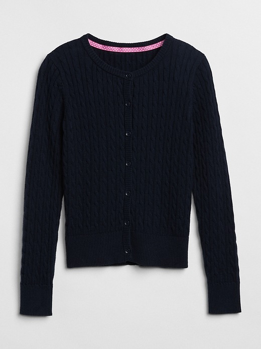 1 of 8 showing, with the color true indigo of product Uniform Cable-Knit Cardigan Sweater