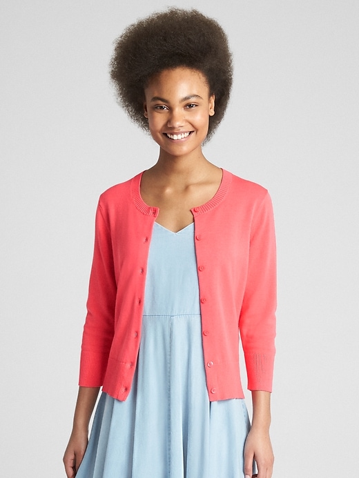 Image number 1 showing, Three-Quarter Sleeve Crewneck Cardigan Sweater