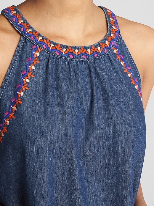 Image number 5 showing, Sleeveless Embroidered Denim Swing Dress