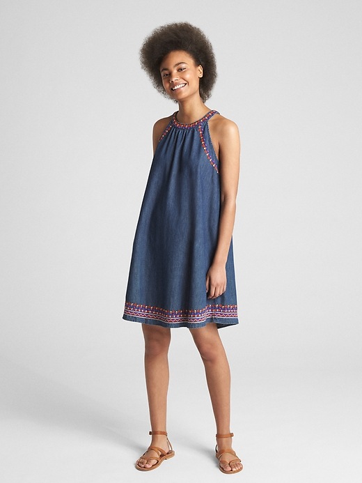 Image number 3 showing, Sleeveless Embroidered Denim Swing Dress