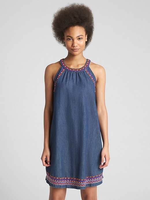 Image number 1 showing, Sleeveless Embroidered Denim Swing Dress