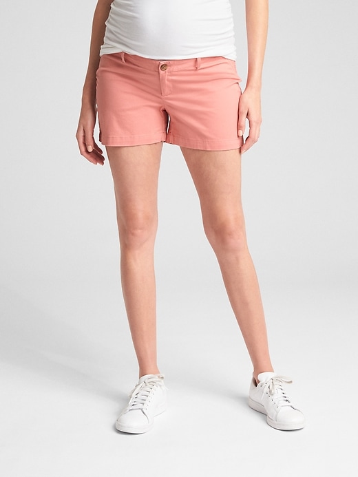1 of 8 showing, with the color potpourri pink of product Maternity Inset Panel Stretch Khaki Shorts