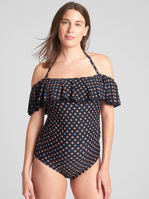 1 of 8 showing, with the color ditsy black of product Maternity Ruffle Off-Shoulder One-Piece Suit