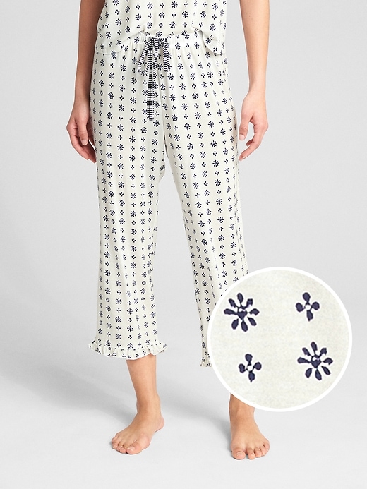 View large product image 1 of 1. Ruffle Trim Print Lounge Pants