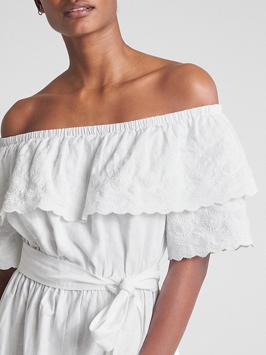 Image number 5 showing, Off-Shoulder Ruffle Eyelet Midi Dress in Linen-Cotton