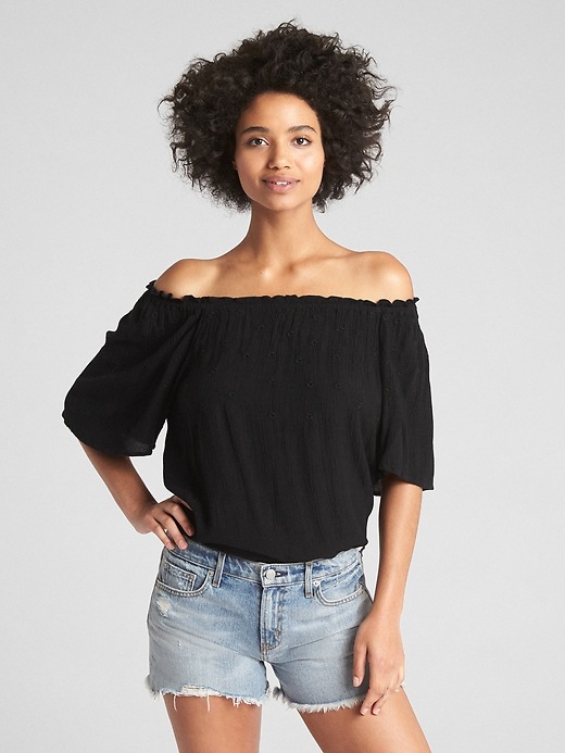View large product image 1 of 1. Off-Shoulder Embroidered Crinkle Top