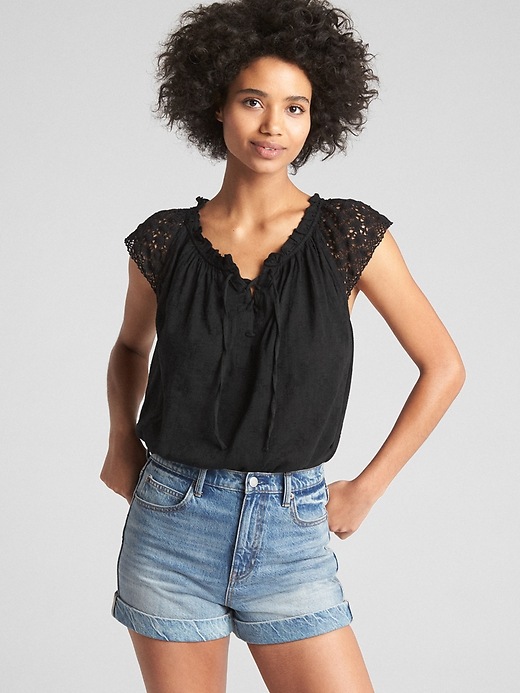 View large product image 1 of 1. Short Sleeve Crochet Lace-Up Blouse