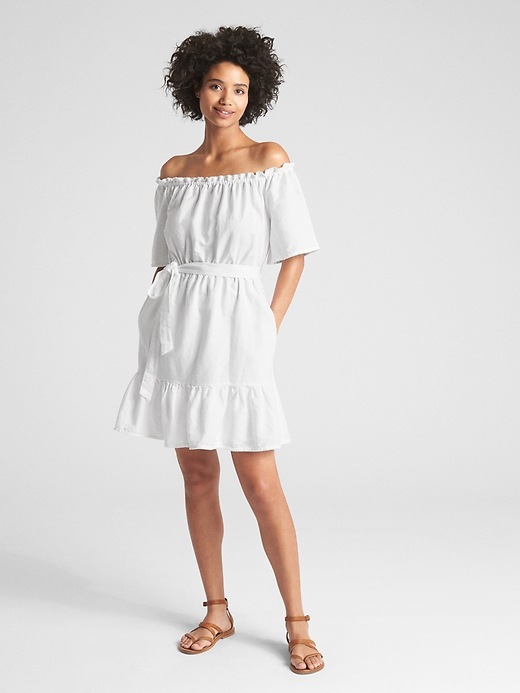 Image number 3 showing, Off-Shoulder Tiered Ruffle Dress in Linen-Cotton
