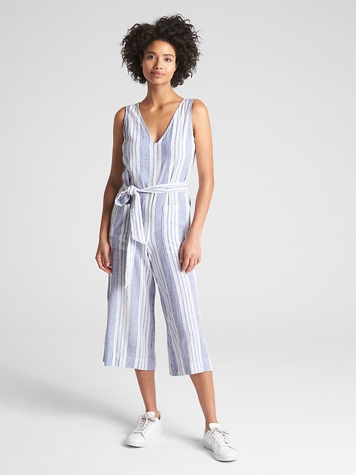 View large product image 1 of 1. Sleeveless Tie-Belt Stripe Jumpsuit in Linen