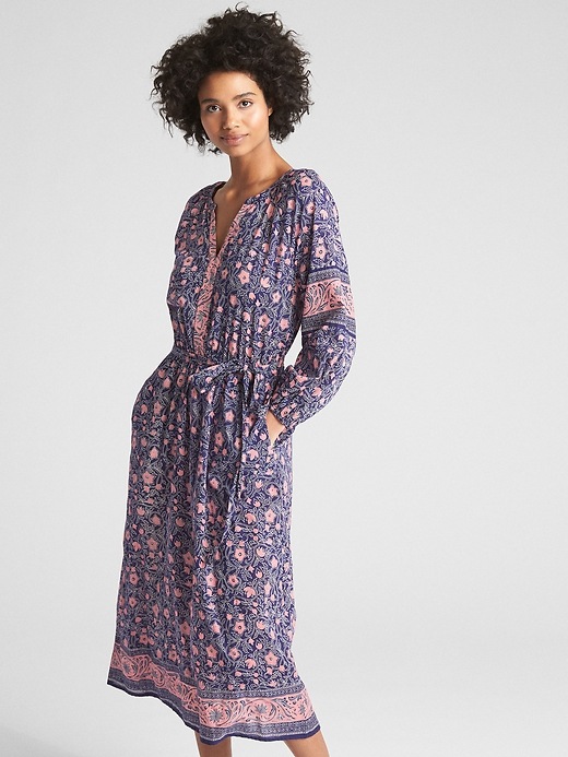 1 of 8 showing, with the color pink print of product Long Sleeve Block Print Midi Dress