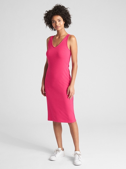 1 of 8 showing, with the color bright claret of product Strappy Ribbed V-Neck Tank Dress