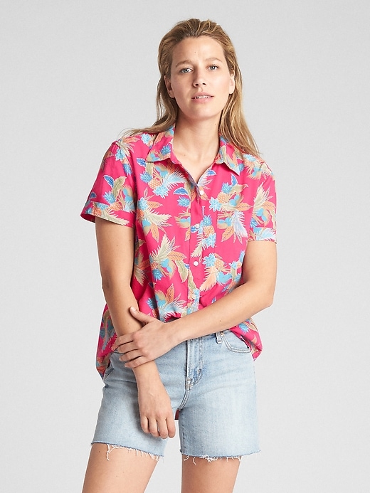 Image number 1 showing, Short Sleeve Tropical Print Button-Down Shirt
