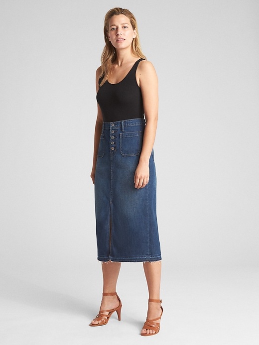 Image number 3 showing, Denim Pencil Skirt with Button-Fly