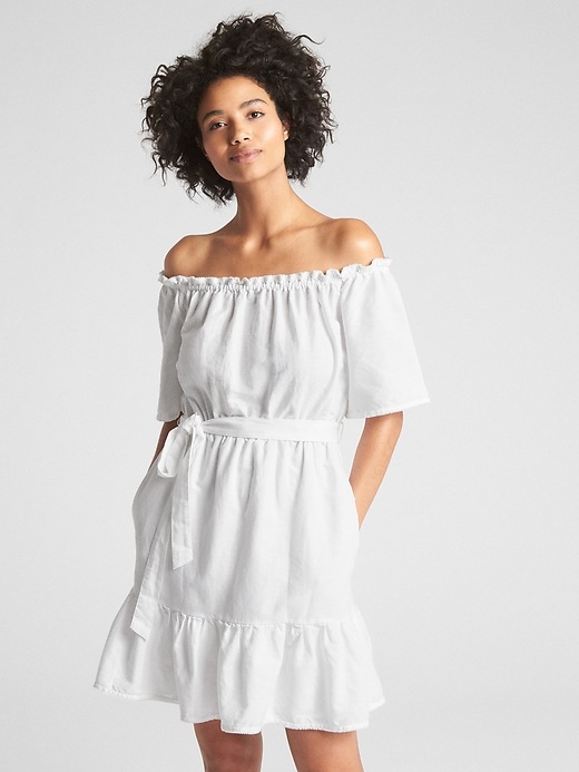 Image number 1 showing, Off-Shoulder Tiered Ruffle Dress in Linen-Cotton
