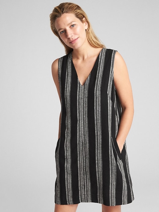 knee length dresses for ladies Loose White Striped Linen Shirt Dresses for Summer M