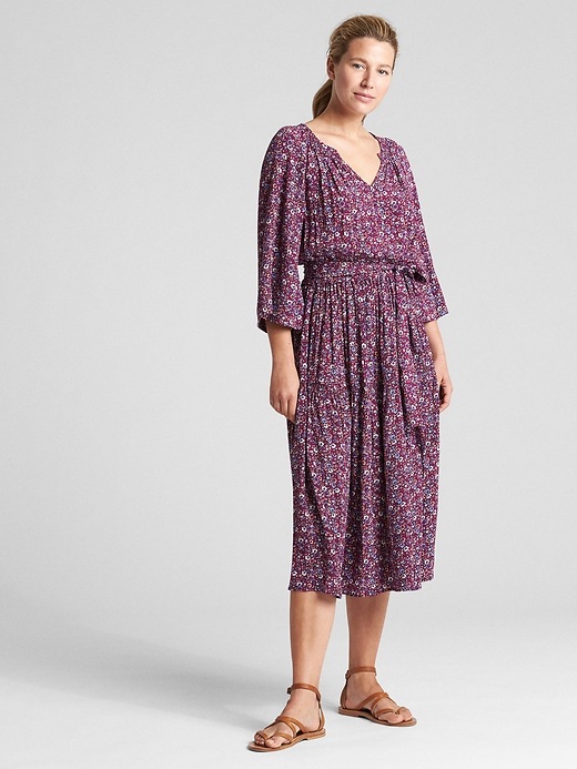 Image number 1 showing, Tiered Smocked Floral Print Midi Dress