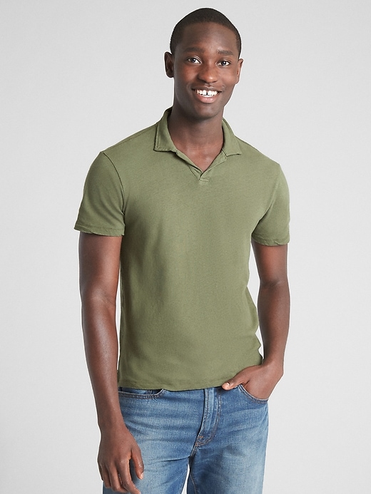 Image number 1 showing, Short Sleeve Polo T-Shirt in Linen-Cotton