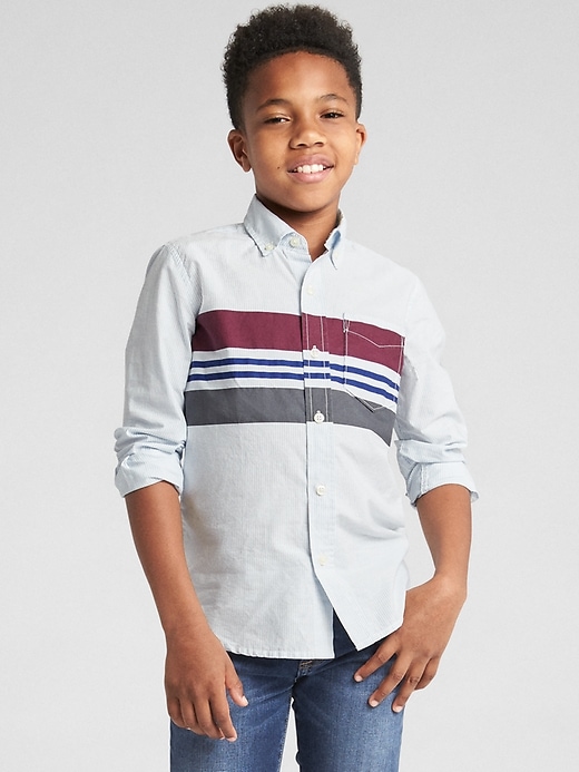 2 of 8 showing, with the color plum pudding of product Poplin Stripe Long Sleeve Shirt