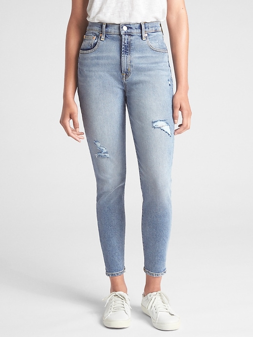 1 of 8 showing, with the color (Light) Light Destroy of product High Rise True Skinny Ankle Jeans in Destructed
