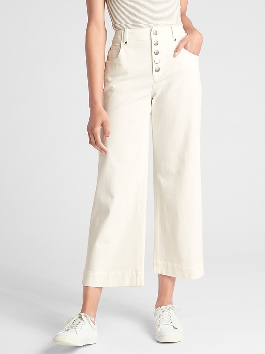 View large product image 1 of 1. High Rise Crop Wide-Leg Pants with Button-Fly