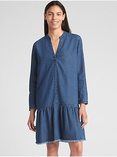 Women S Denim Clothing Gap Long Sleeve Popover Drop Waist Dress In Denim