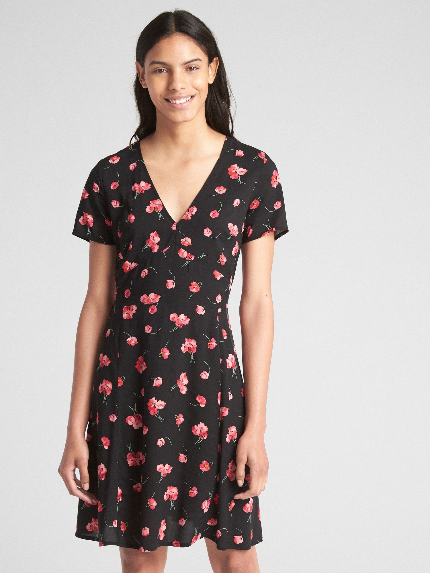 Short Sleeve Fl Print Fit And Flare Dress Gap