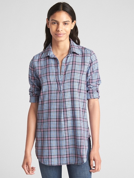 1 of 8 showing, with the color blue plaid of product Boyfriend Popover Tunic in Plaid