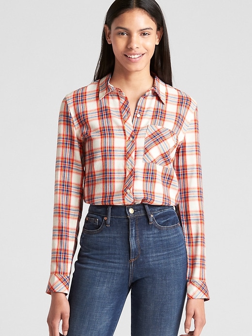 1 of 8 showing, with the color orange plaid of product Drapey Plaid Flannel Shirt