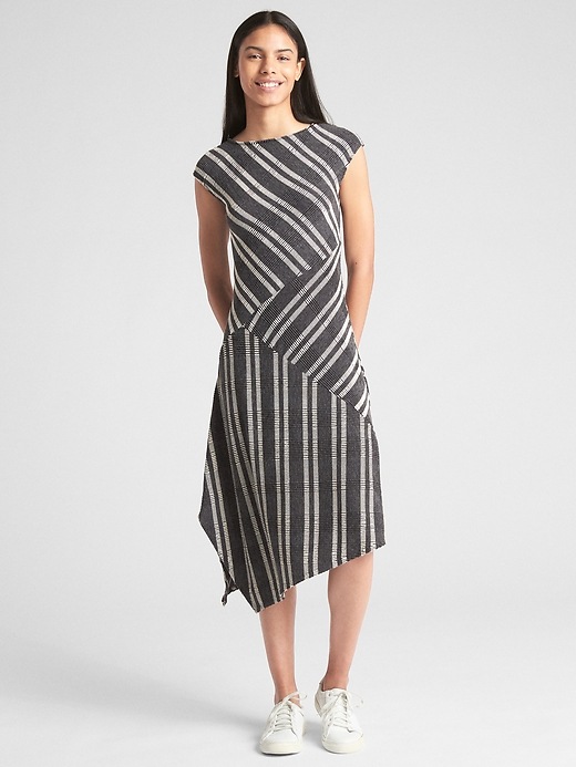 1 of 8 showing, with the color black stripe of product Softspun Ribbed Asymmetrical Midi Dress