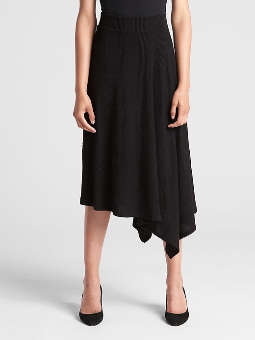 View large product image 1 of 1. Asymmetrical Jacquard Ribbed Midi Skirt