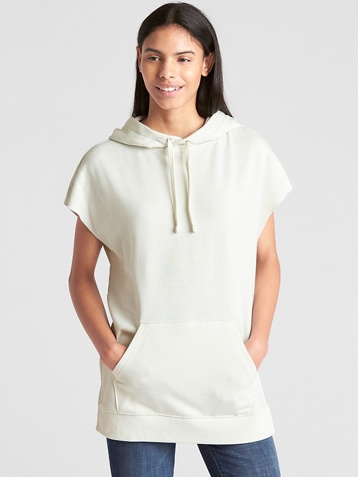 View large product image 1 of 1. Cut-Off Sleeve Pullover Hoodie Tunic