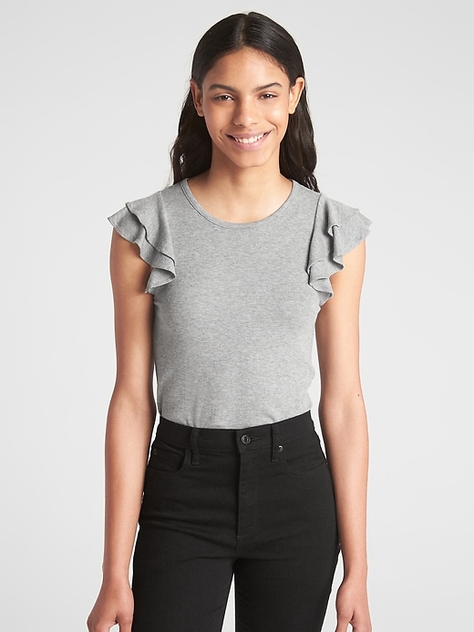 View large product image 1 of 1. Sleeveless Ruffle-Trim Ribbed Top
