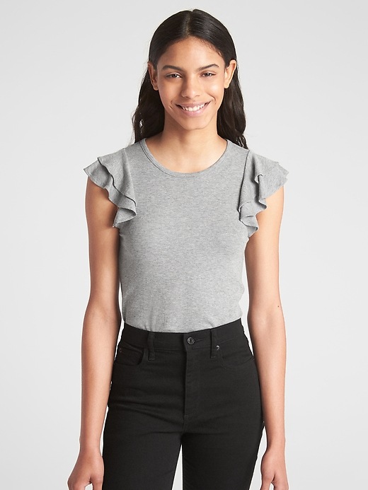 1 of 8 showing, with the color grey heather of product Sleeveless Ruffle-Trim Ribbed Top