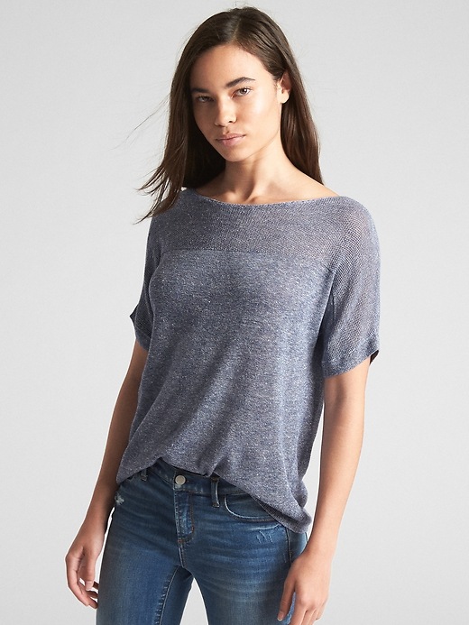 View large product image 1 of 1. Short Sleeve Textured Sweater in Linen-Rayon