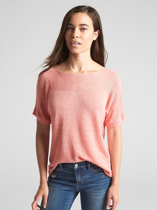 Image number 1 showing, Short Sleeve Textured Sweater in Linen-Rayon